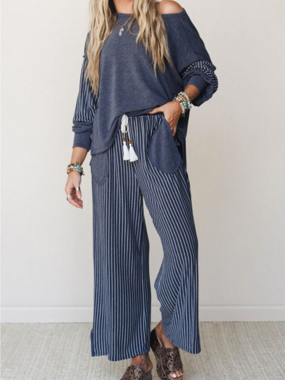 Striped Wide-Leg Lounge & Top Set in Navy